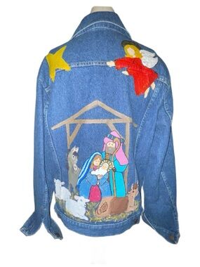 Bristol Blues ~ Large ~ Nativity ~ Blue W/Muti-Colors Hand Painted ~ Jean Jacket